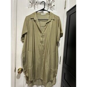 Olive Green Lush V-Neck Shirt Dress with Pockets Size Small